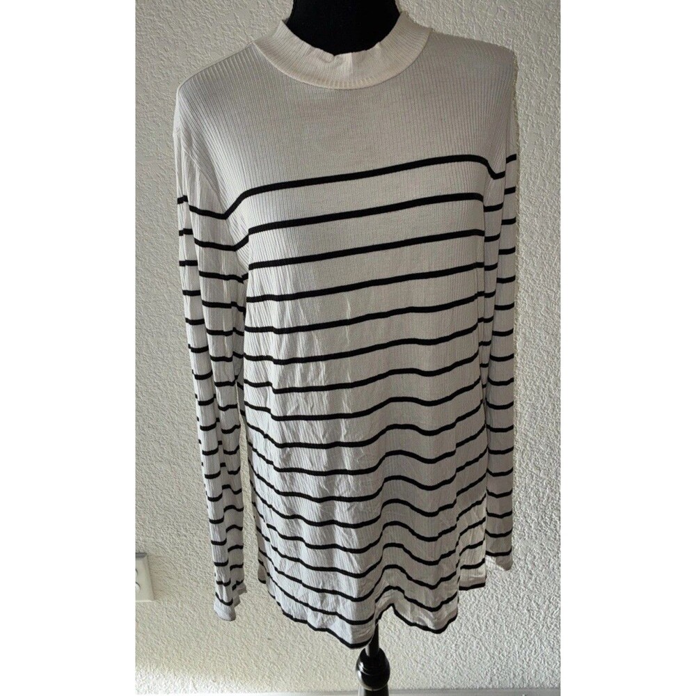 Ava & Viv 1X Top Womens Black White Striped Ribbed Knit Mock Turtleneck Neck L/S